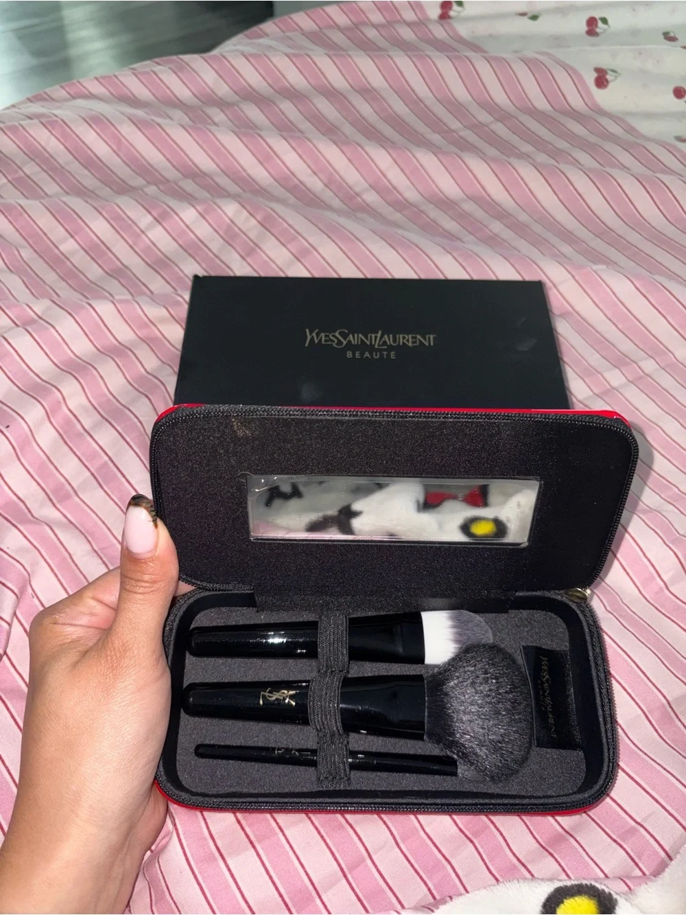 Yves Saint Laurent Red cosmetics bag with brushes